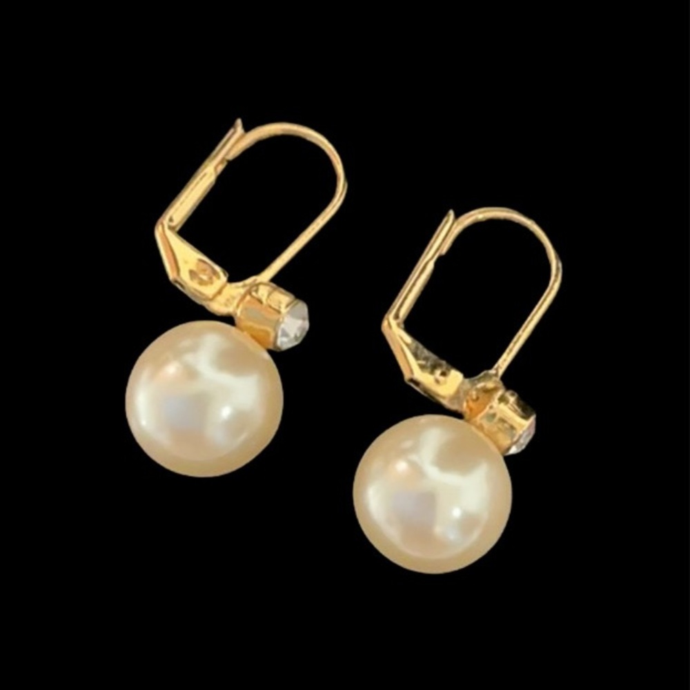EARRINGS Pearl Drop with Gold Tone Metal and Clear Rhinestone for Pierced Ears
